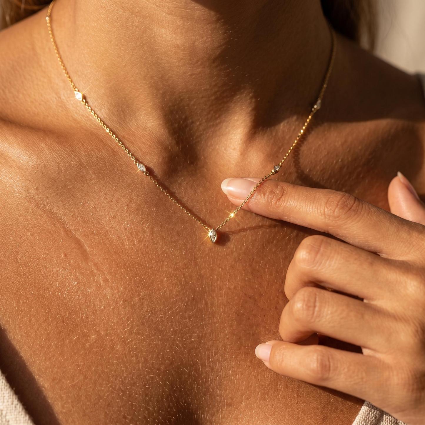 Women's 16-Inch Waterproof AAA-Grade Marquise Cut Cubic Zirconia Station Necklace - 4mm x 2mm per Stone, Metal Chain, Dainty Anti-Flip Minimalist Choker, Diamond Simulant for Birthday, Anniversary Everyday Wear