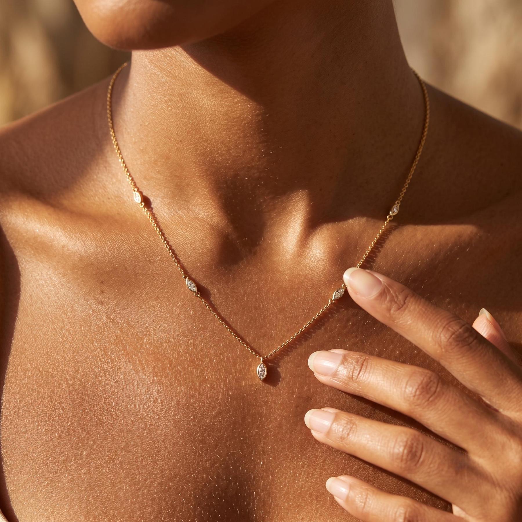 Women's 16-Inch Waterproof AAA-Grade Marquise Cut Cubic Zirconia Station Necklace - 4mm x 2mm per Stone, Metal Chain, Dainty Anti-Flip Minimalist Choker, Diamond Simulant for Birthday, Anniversary Everyday Wear