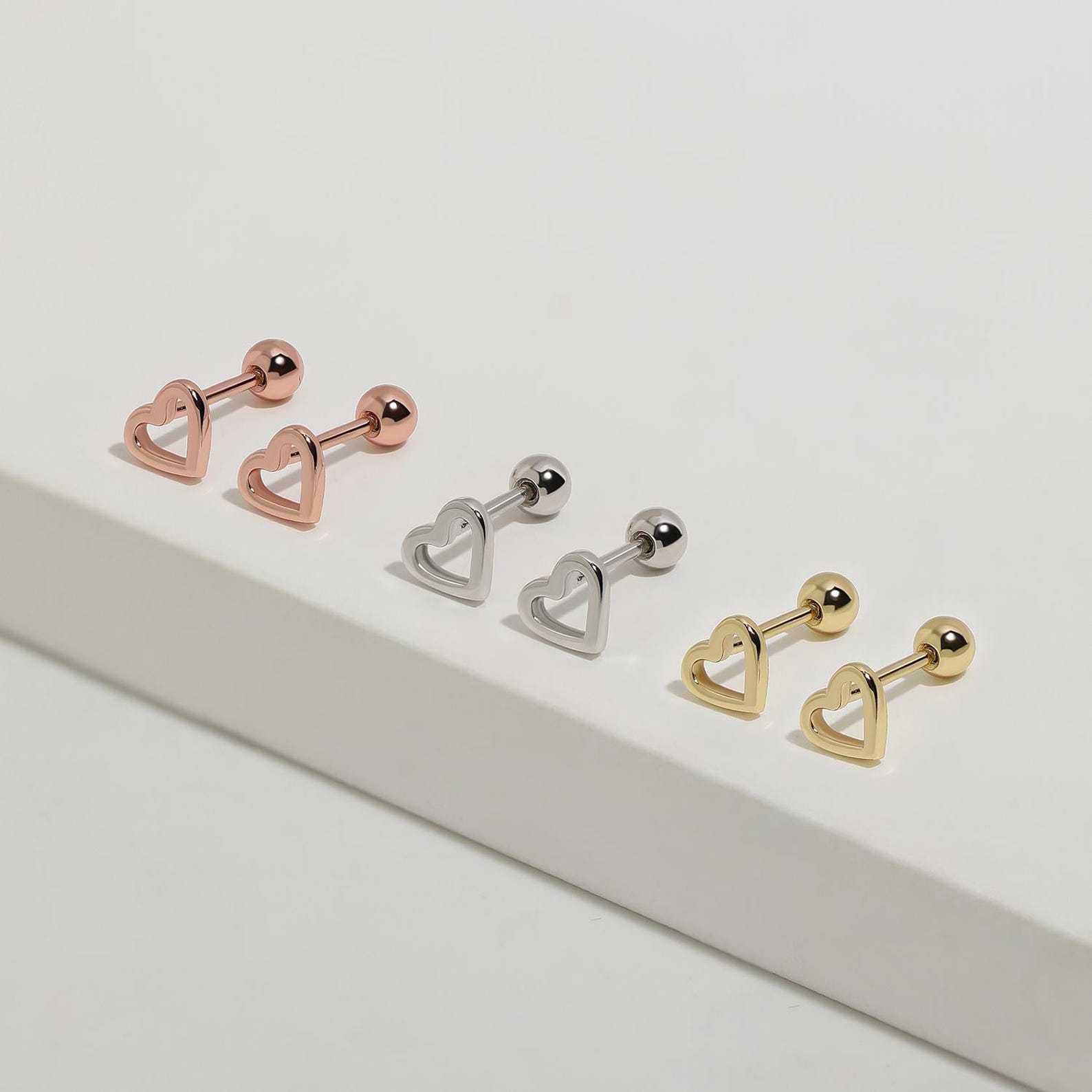 Tiny Open Heart Screw Back Earrings – Minimalist Heart Studs for Everyday