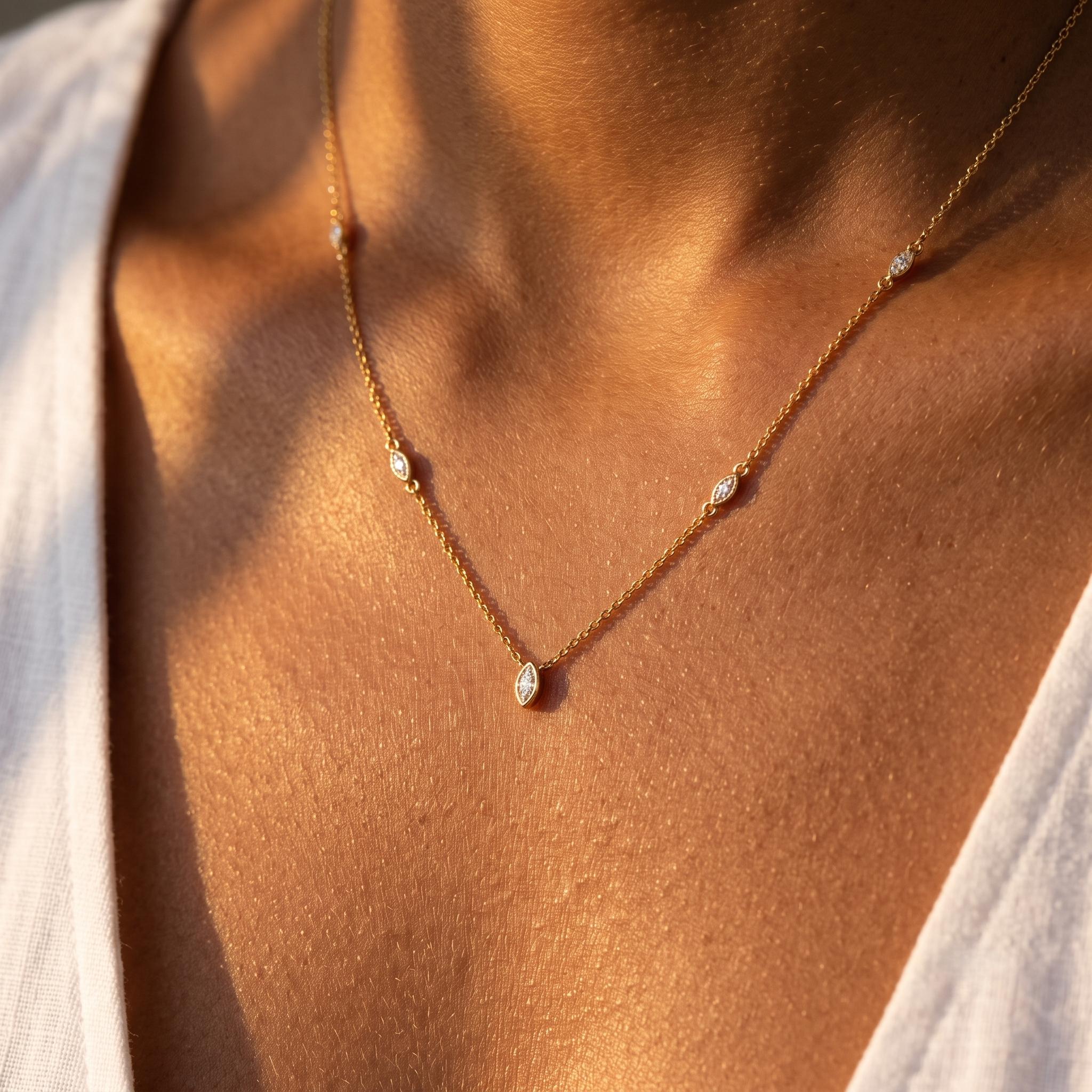 Women's 16-Inch Waterproof AAA-Grade Marquise Cut Cubic Zirconia Station Necklace - 4mm x 2mm per Stone, Metal Chain, Dainty Anti-Flip Minimalist Choker, Diamond Simulant for Birthday, Anniversary Everyday Wear