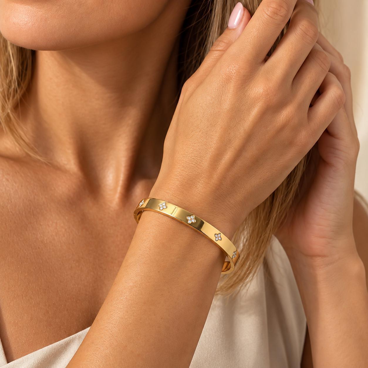 Titanium Steel Rhinestone Clover Hinged Snap-Lock Waterproof Cuff Bangle Bracelet, Dainty Stackable Artificial Gemstone Jewelry, Graduation Gift for Her