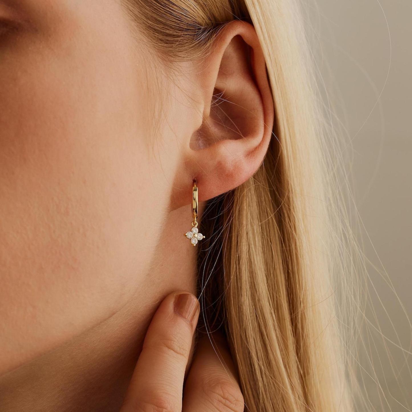 Four-Leaf Clover Hoop Earrings – Sterling Silver Lucky Charm Earrings, Elegant Gift for Mom & Friends
