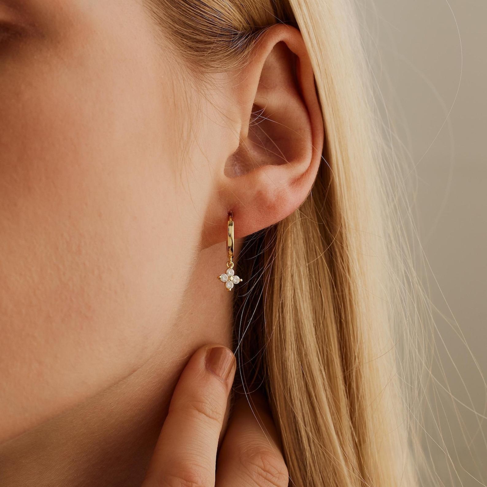Four-Leaf Clover Hoop Earrings – Sterling Silver Lucky Charm Earrings, Elegant Gift for Mom & Friends