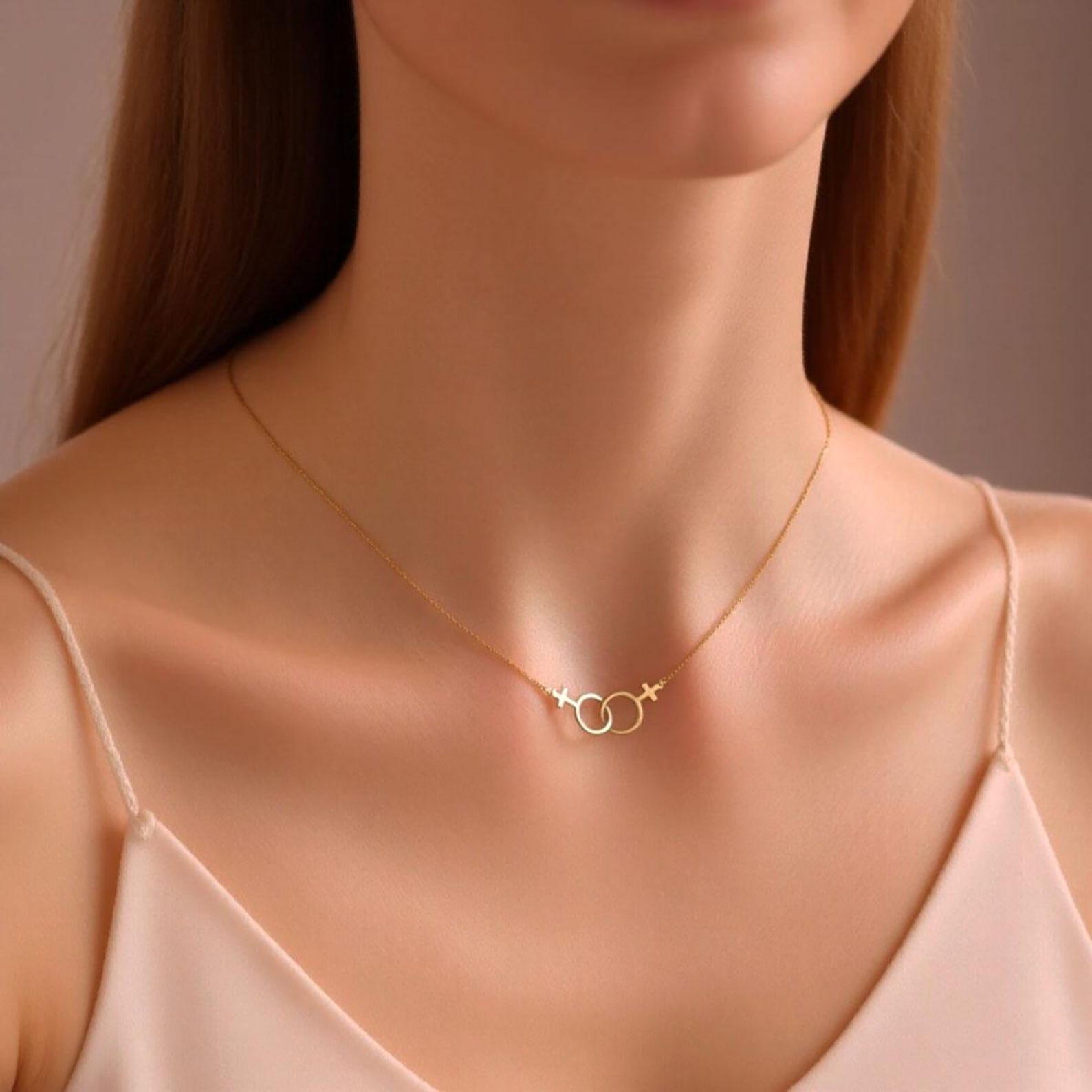 Lesbian Pride Necklace – Double Venus Symbol Pendant in Gold, Silver, or Rose Gold