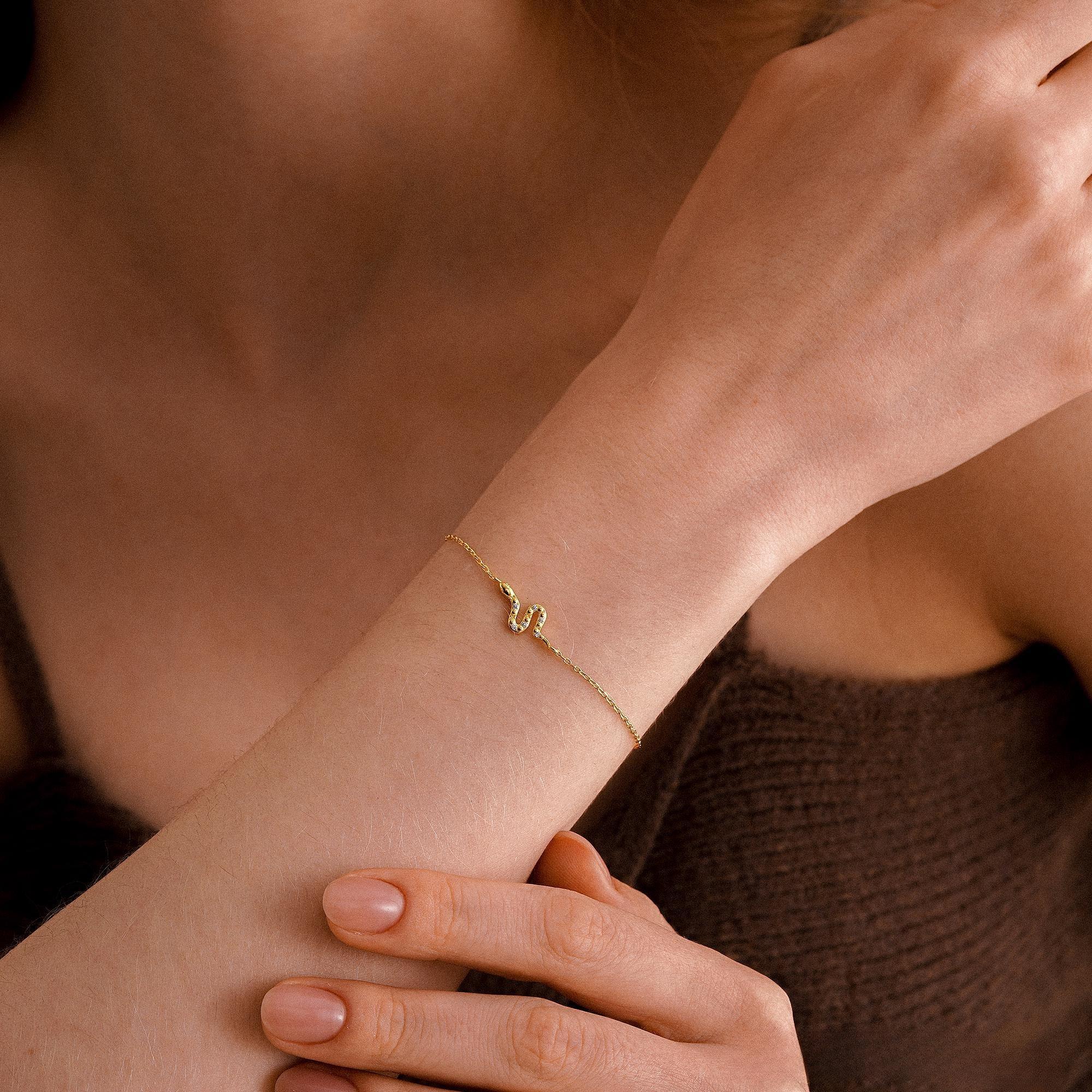 Delicate Golden Snake Bracelet – Elegant Diamond Snake Jewelry, Unique Gift for Her