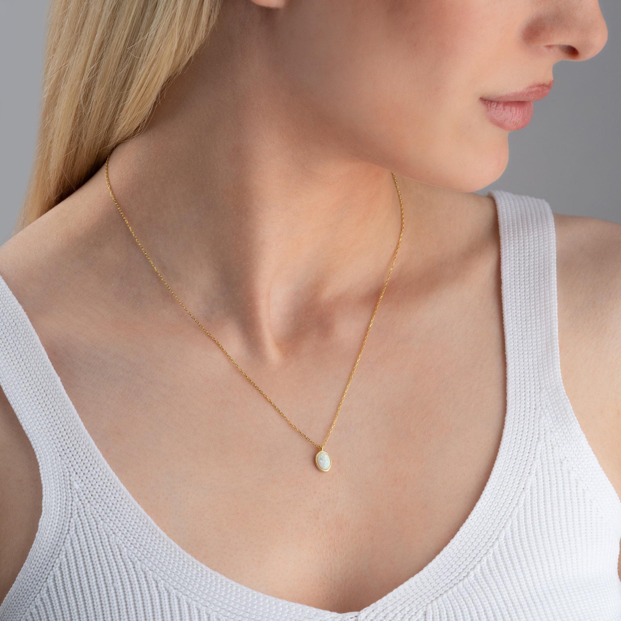 Dainty White Opal Necklace – Real Opal Oval Pendant, Elegant Gift for Her