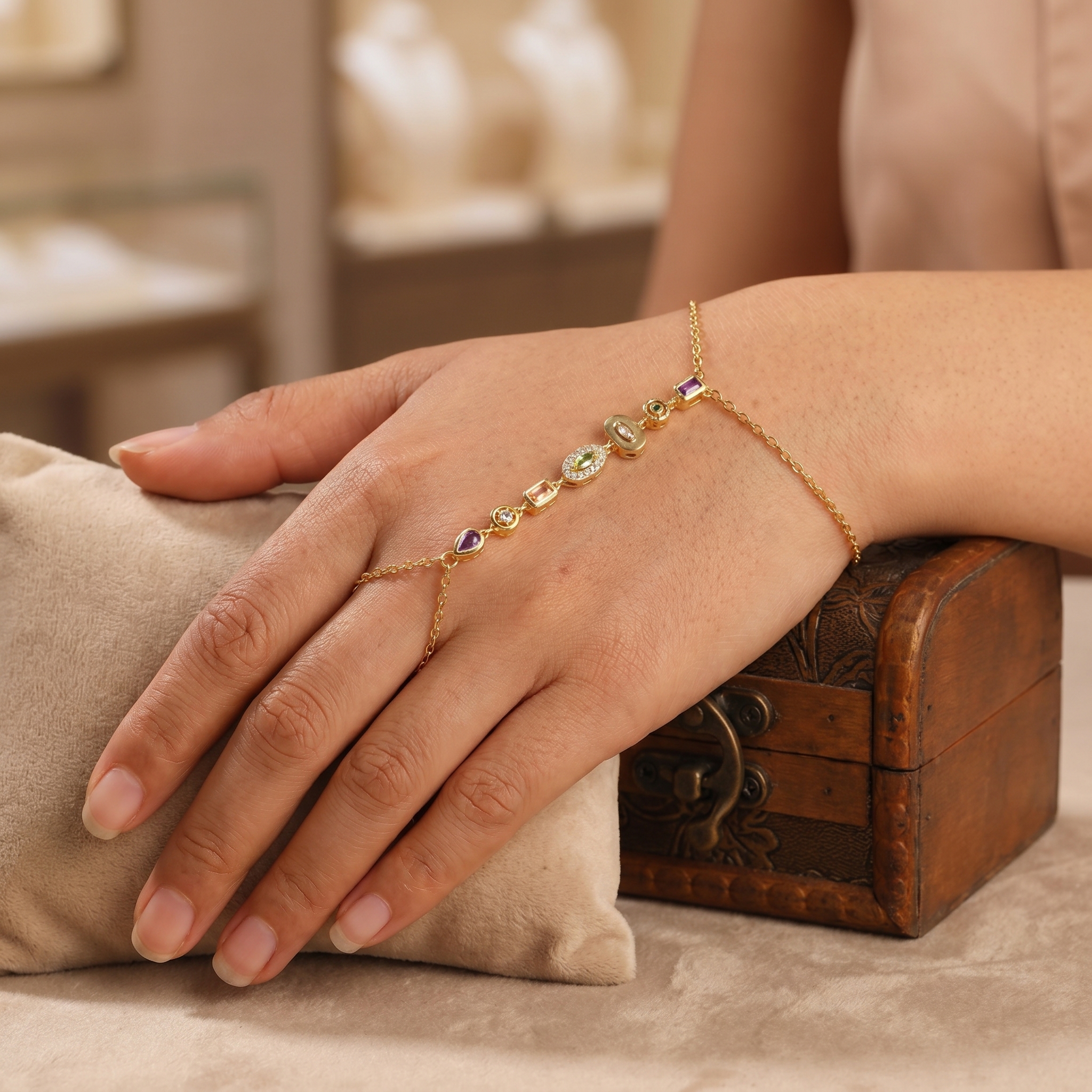 Handmade Artisan Gold-Plated Adjustable Boho 7-Chakra Stone Hand Chain Bracelet - Exquisite, High-Quality Artificial Gemstone Jewelry for Birthday, Wedding Occasions