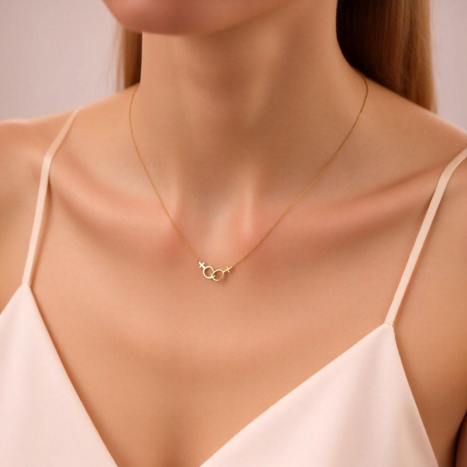 Lesbian Pride Necklace – Double Venus Symbol Pendant in Gold, Silver, or Rose Gold