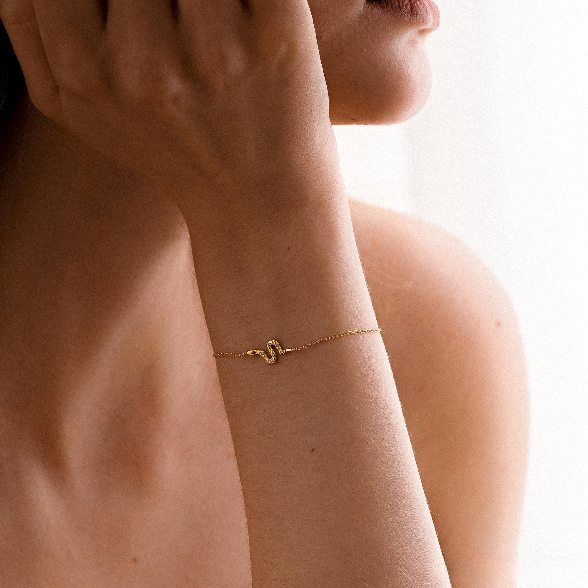 Delicate Golden Snake Bracelet – Elegant Diamond Snake Jewelry, Unique Gift for Her