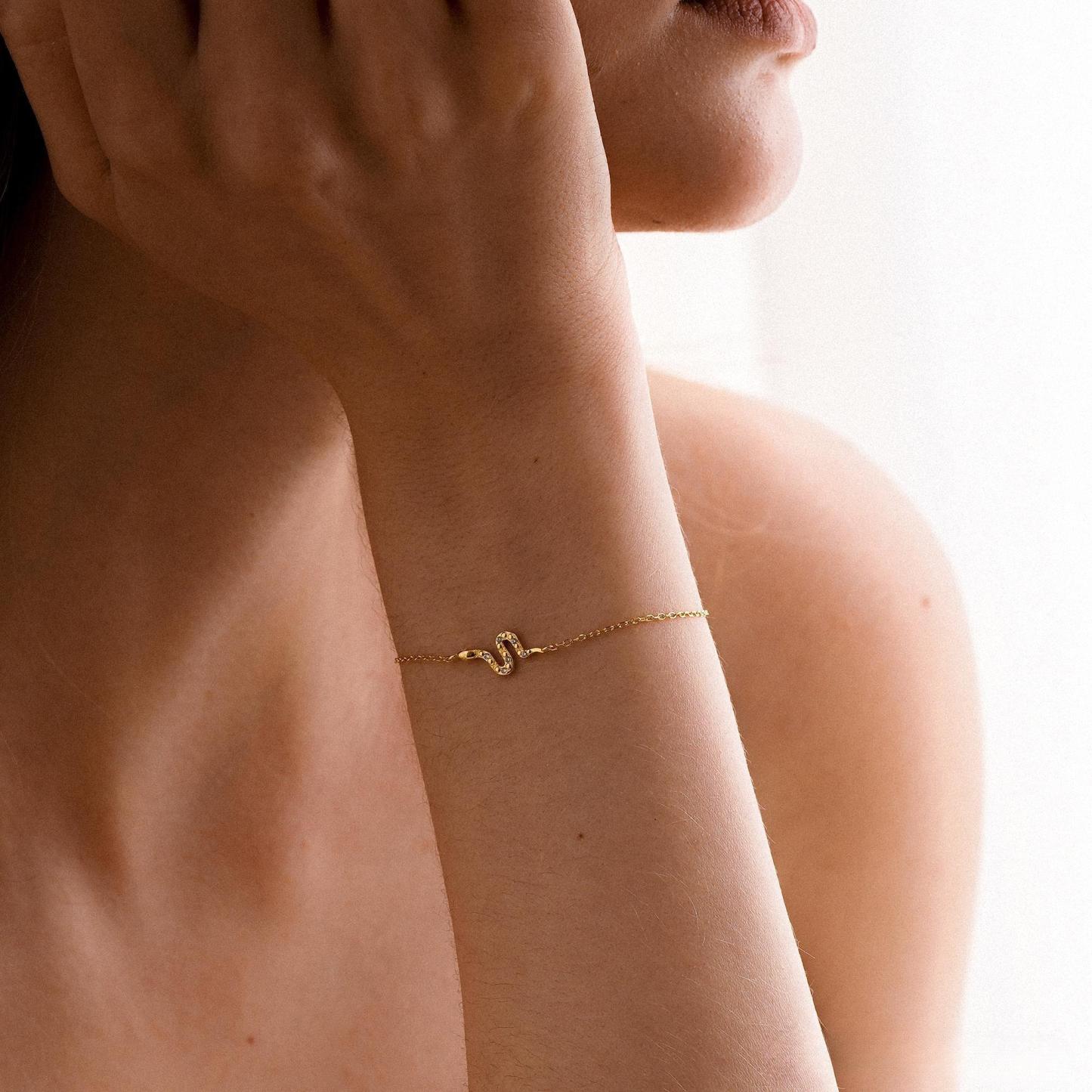 Delicate Golden Snake Bracelet – Elegant Diamond Snake Jewelry, Unique Gift for Her