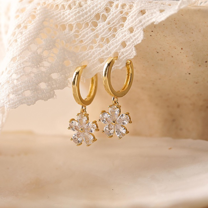 Dainty Flower Hoop Earrings, Minimalist CZ Floral Earrings, 18K Finish Huggie Earrings, Everyday Earrings for Women, Bridesmaid Gift for Her