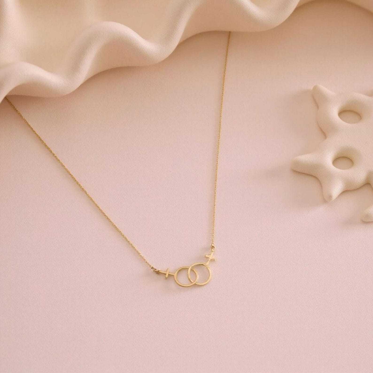 Lesbian Pride Necklace – Double Venus Symbol Pendant in Gold, Silver, or Rose Gold