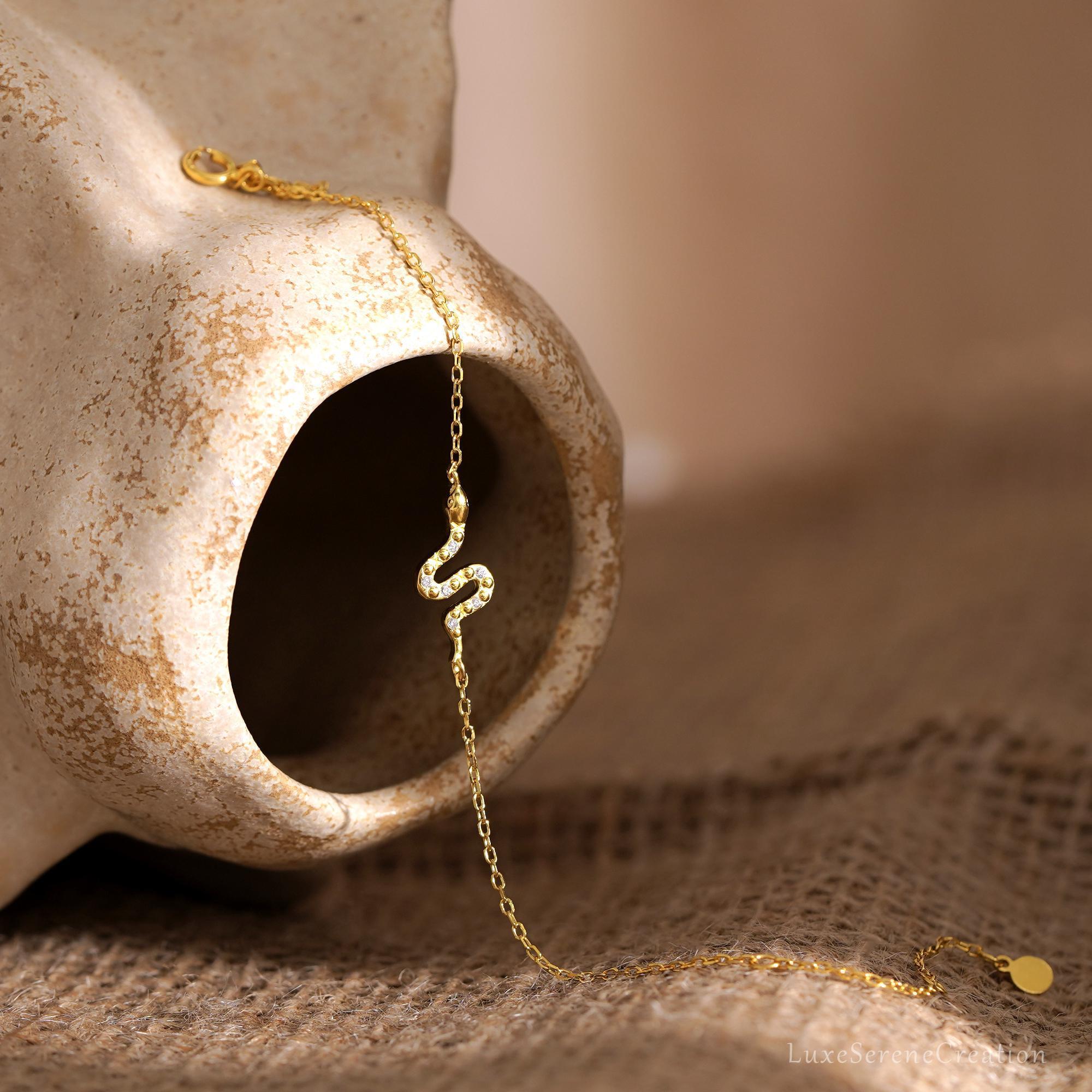 Delicate Golden Snake Bracelet – Elegant Diamond Snake Jewelry, Unique Gift for Her