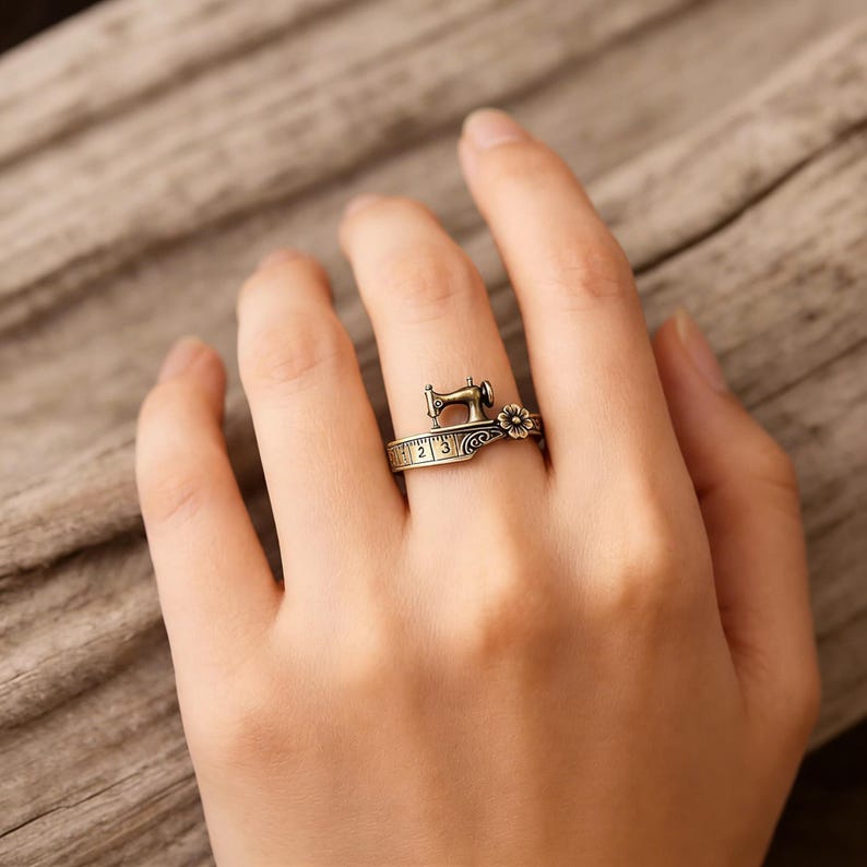 Vintage Sewing Machine Ring with Measuring Tape Band Floral Accent Jewelry Quilters Themed Gift for Sewing Lovers
