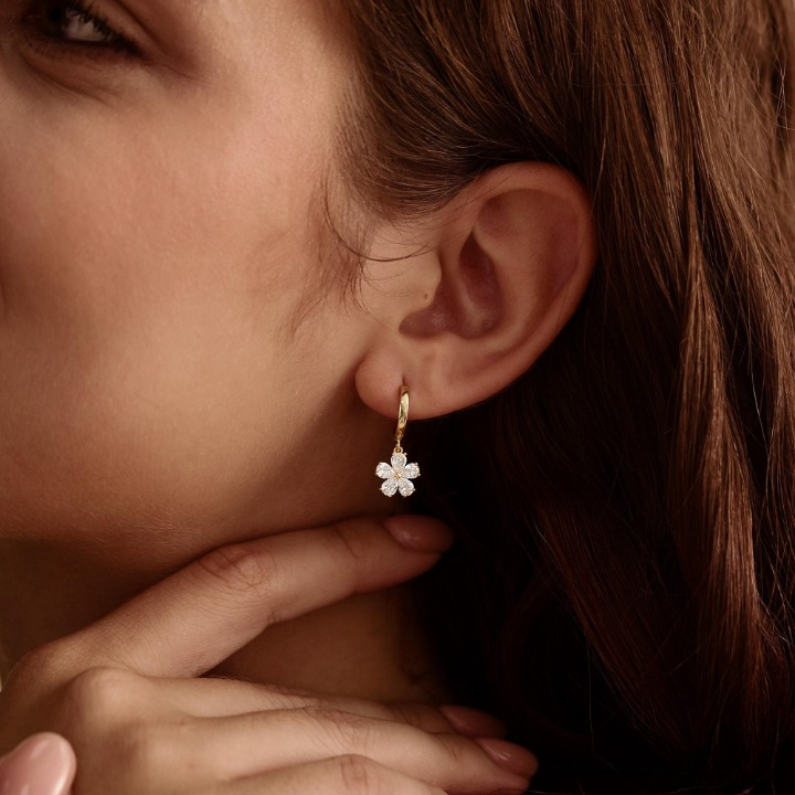Dainty Flower Hoop Earrings, Minimalist CZ Floral Earrings, 18K Finish Huggie Earrings, Everyday Earrings for Women, Bridesmaid Gift for Her