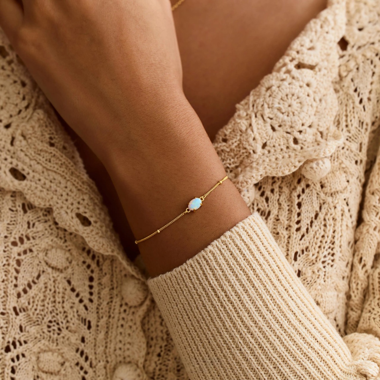 Modmints Adjustable Link Opal Pretty Bracelet - Hypoallergenic Unisex Gold Beaded Chain, Natural White Opal Stone, October Birthstone