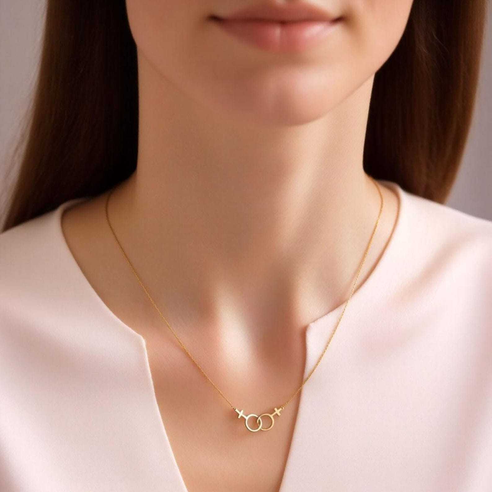 Lesbian Pride Necklace – Double Venus Symbol Pendant in Gold, Silver, or Rose Gold