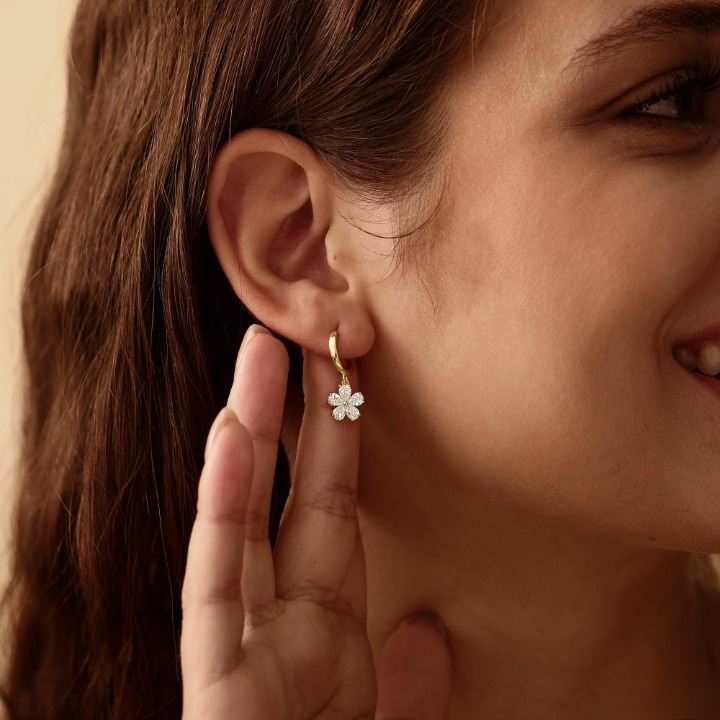 Dainty Flower Hoop Earrings, Minimalist CZ Floral Earrings, 18K Finish Huggie Earrings, Everyday Earrings for Women, Bridesmaid Gift for Her