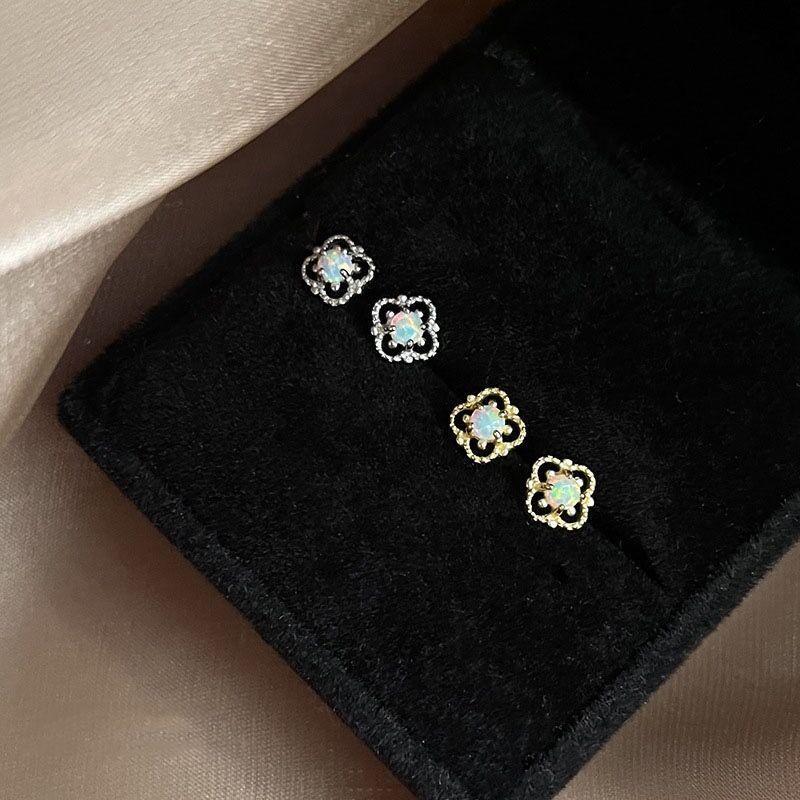Four Leaf Flower Opal Stud Earrings