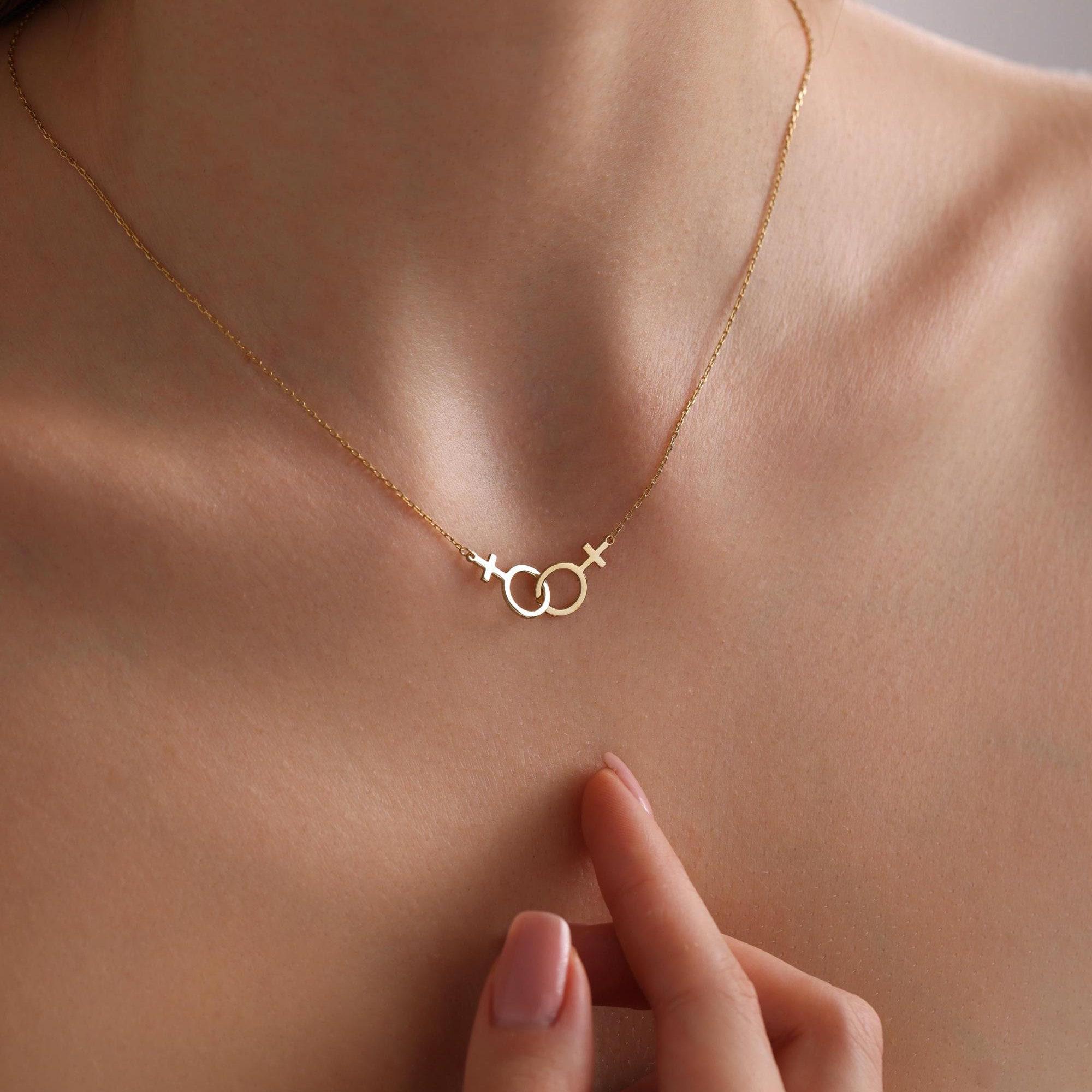 Lesbian Pride Necklace – Double Venus Symbol Pendant in Gold, Silver, or Rose Gold
