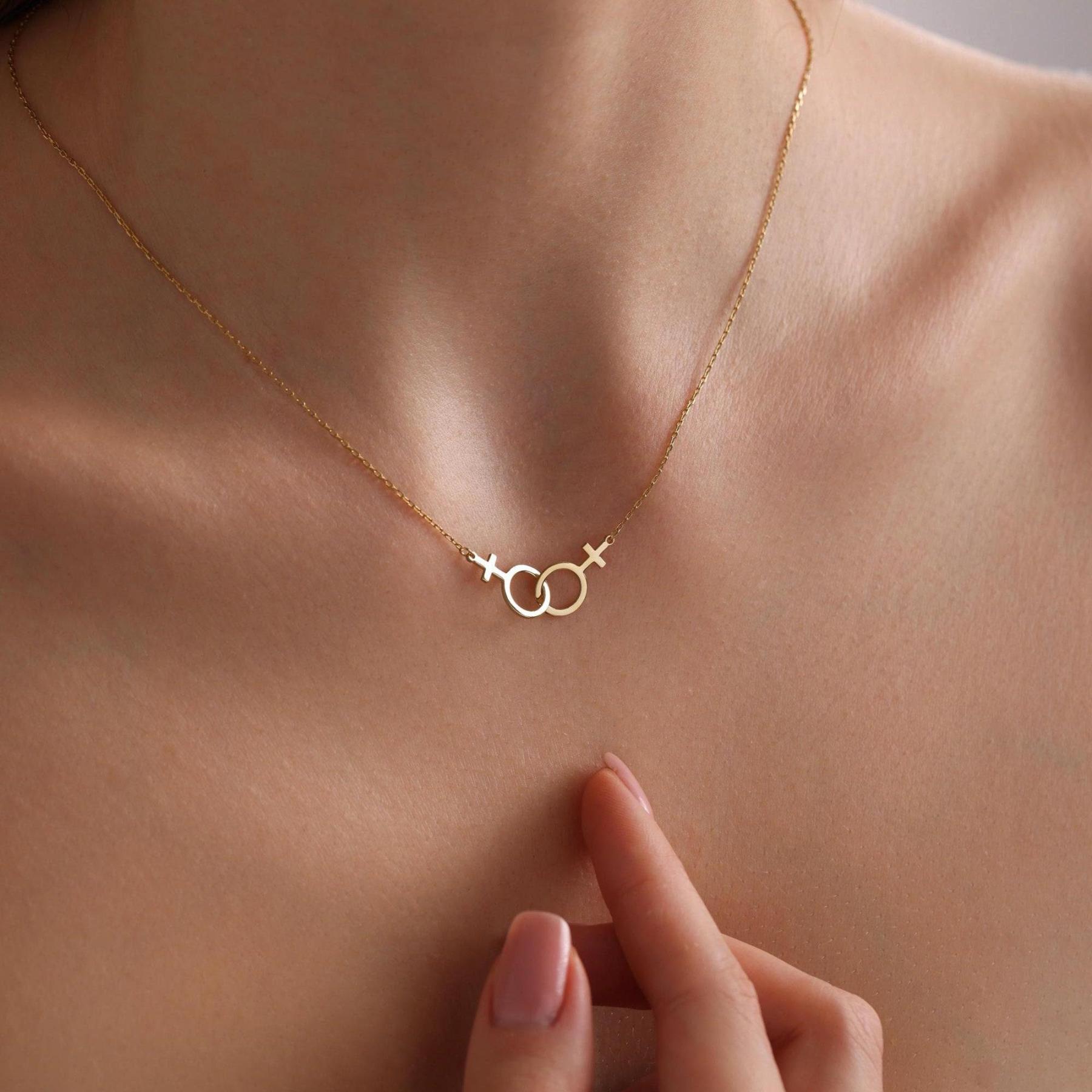 Lesbian Pride Necklace – Double Venus Symbol Pendant in Gold, Silver, or Rose Gold