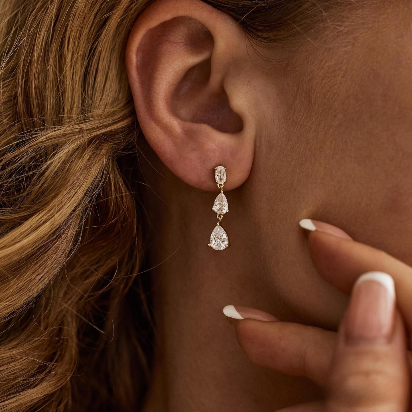 TRIPLE DIAMOND DROP EARRINGS – MINIMALIST BRIDESMAID GIFTS & WEDDING EARRINGS​