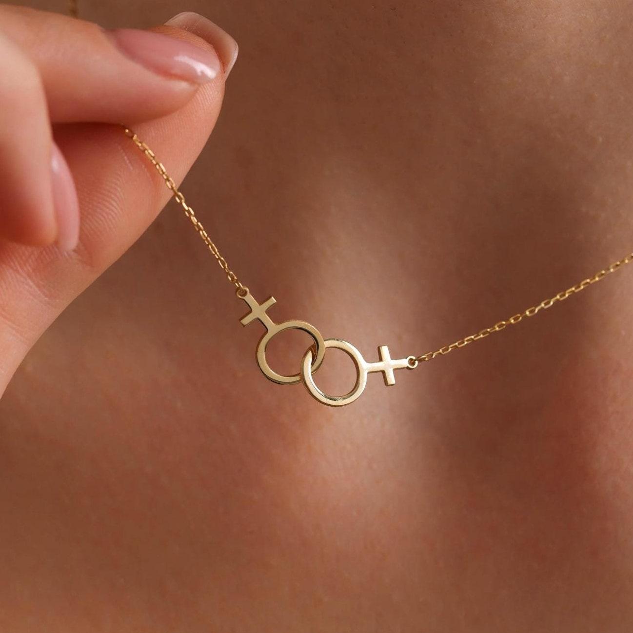Lesbian Pride Necklace – Double Venus Symbol Pendant in Gold, Silver, or Rose Gold