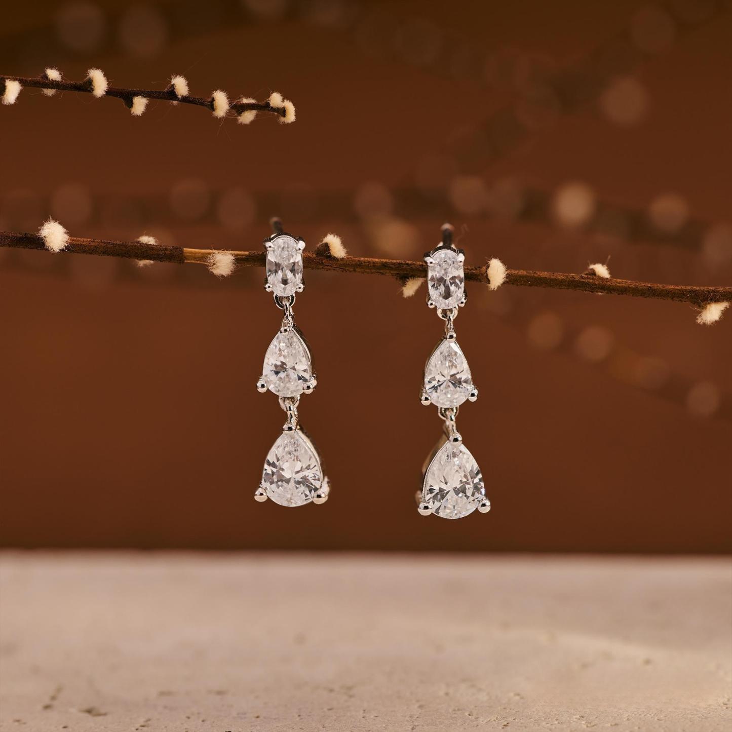 TRIPLE DIAMOND DROP EARRINGS – MINIMALIST BRIDESMAID GIFTS & WEDDING EARRINGS​
