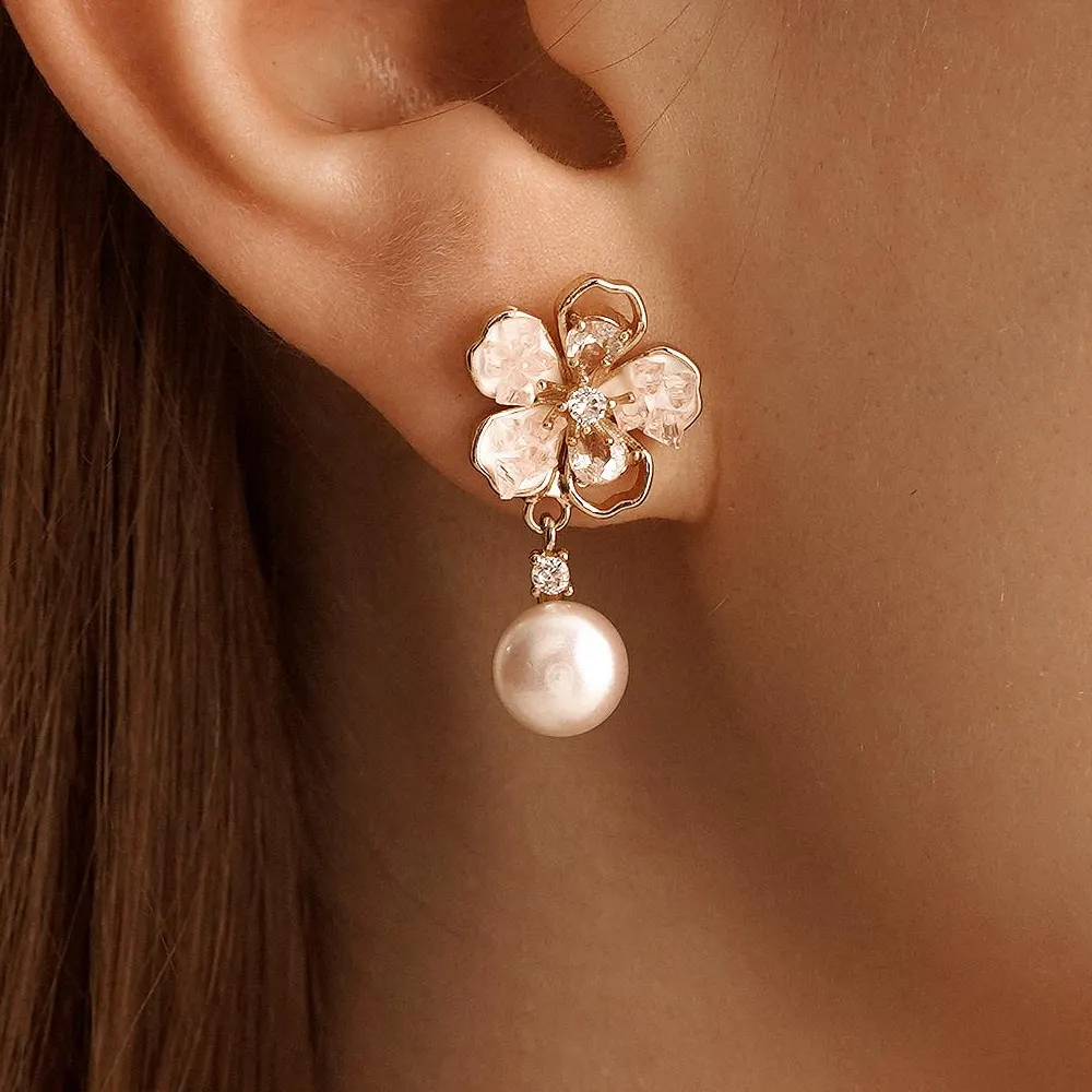 HANDMADE FLOWER FRESHWATER PEARL DROP EARRINGS – DAINTY BRIDAL & GIFT EARRINGS