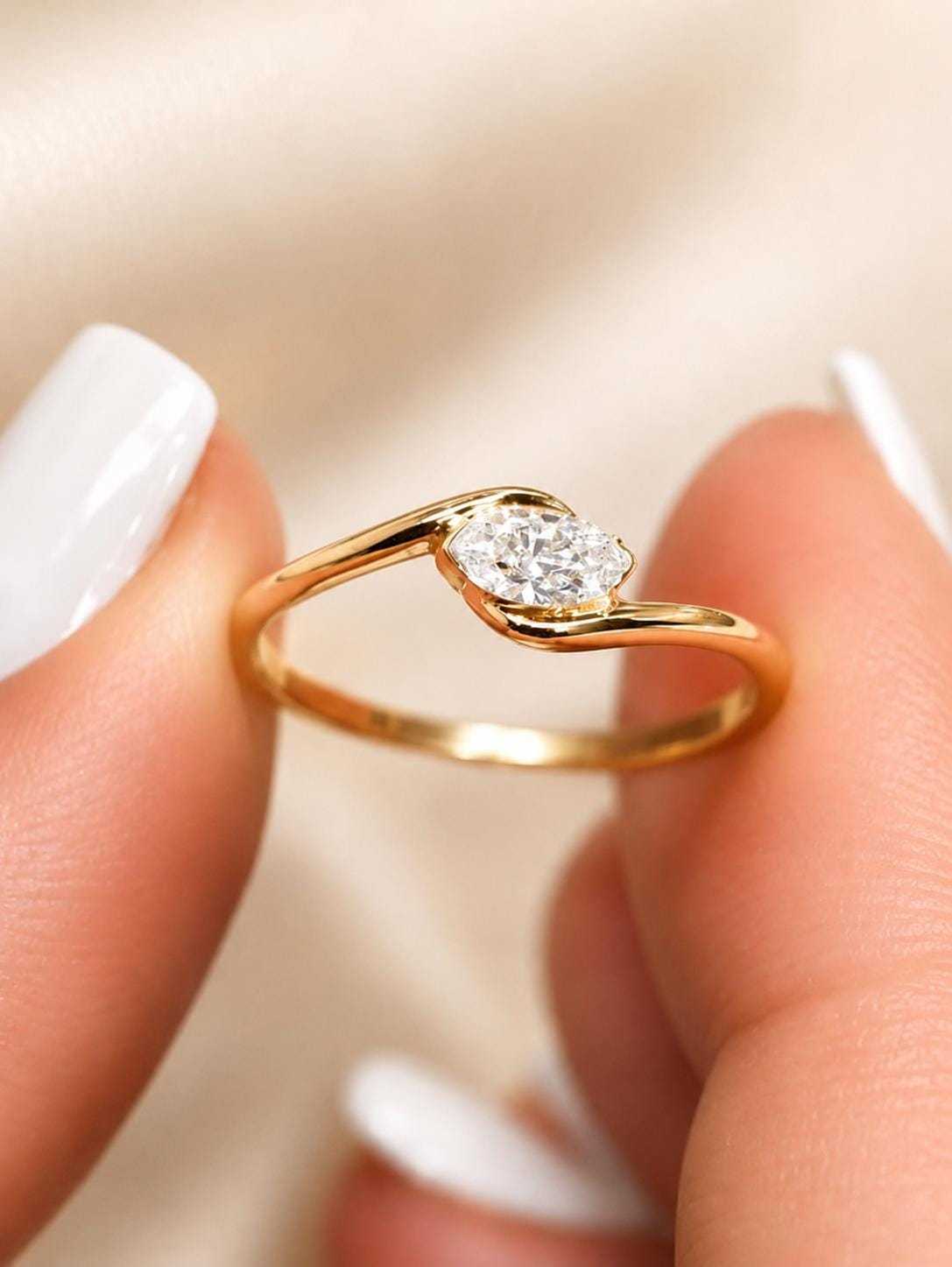 Dainty Marquise CZ Ring, Minimalist Simulated Diamond Band, Everyday Stackable Ring, Bridal Jewelry, AAA Grade Cubic Zirconia Ring