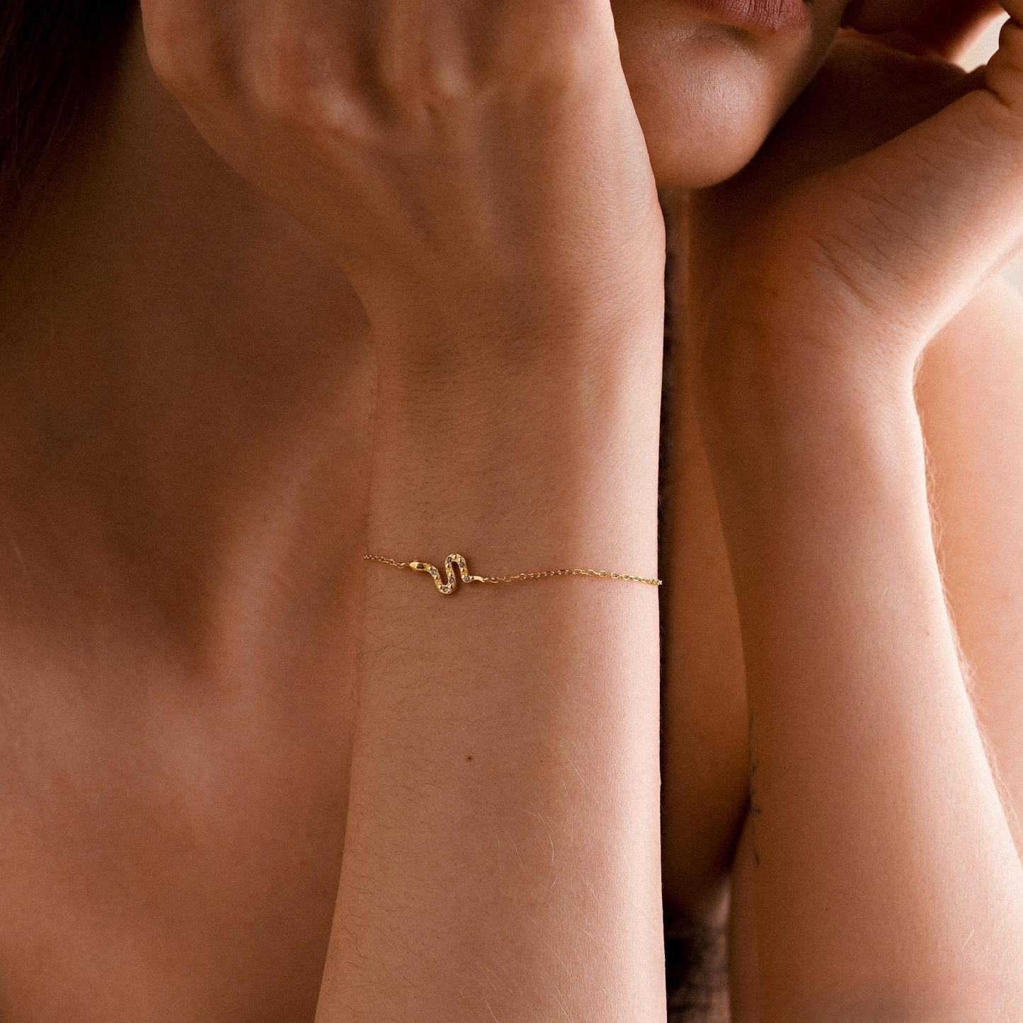 Delicate Golden Snake Bracelet – Elegant Diamond Snake Jewelry, Unique Gift for Her