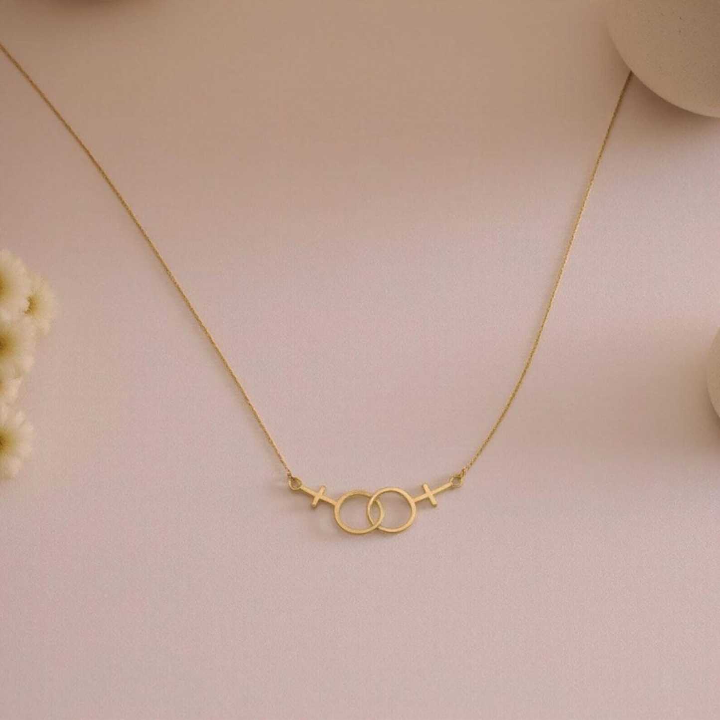 Lesbian Pride Necklace – Double Venus Symbol Pendant in Gold, Silver, or Rose Gold