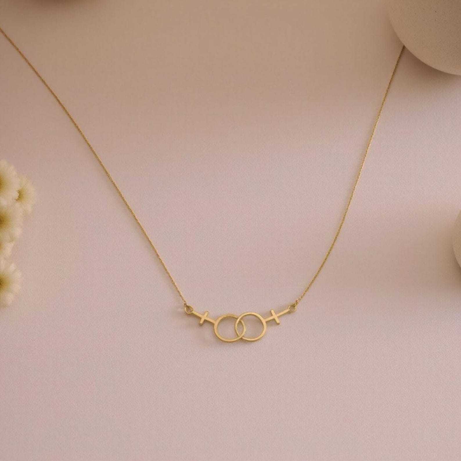 Lesbian Pride Necklace – Double Venus Symbol Pendant in Gold, Silver, or Rose Gold