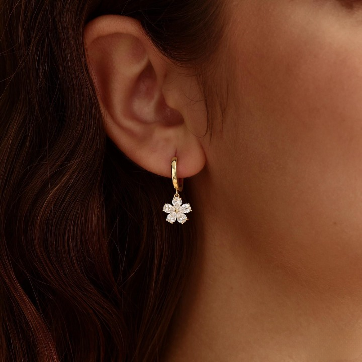 Dainty Flower Hoop Earrings, Minimalist CZ Floral Earrings, 18K Finish Huggie Earrings, Everyday Earrings for Women, Bridesmaid Gift for Her