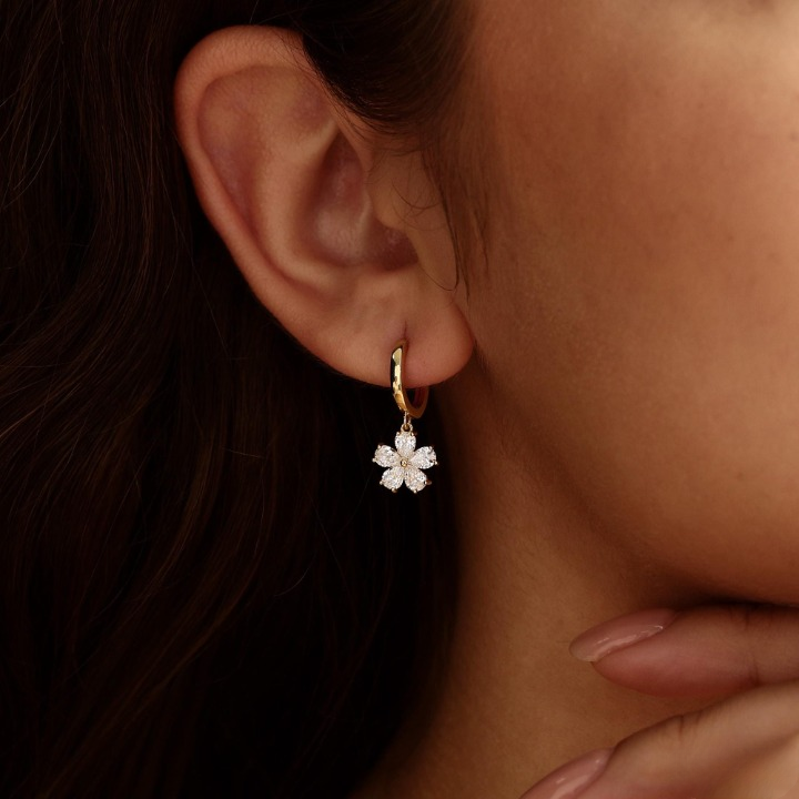 Dainty Flower Hoop Earrings, Minimalist CZ Floral Earrings, 18K Finish Huggie Earrings, Everyday Earrings for Women, Bridesmaid Gift for Her