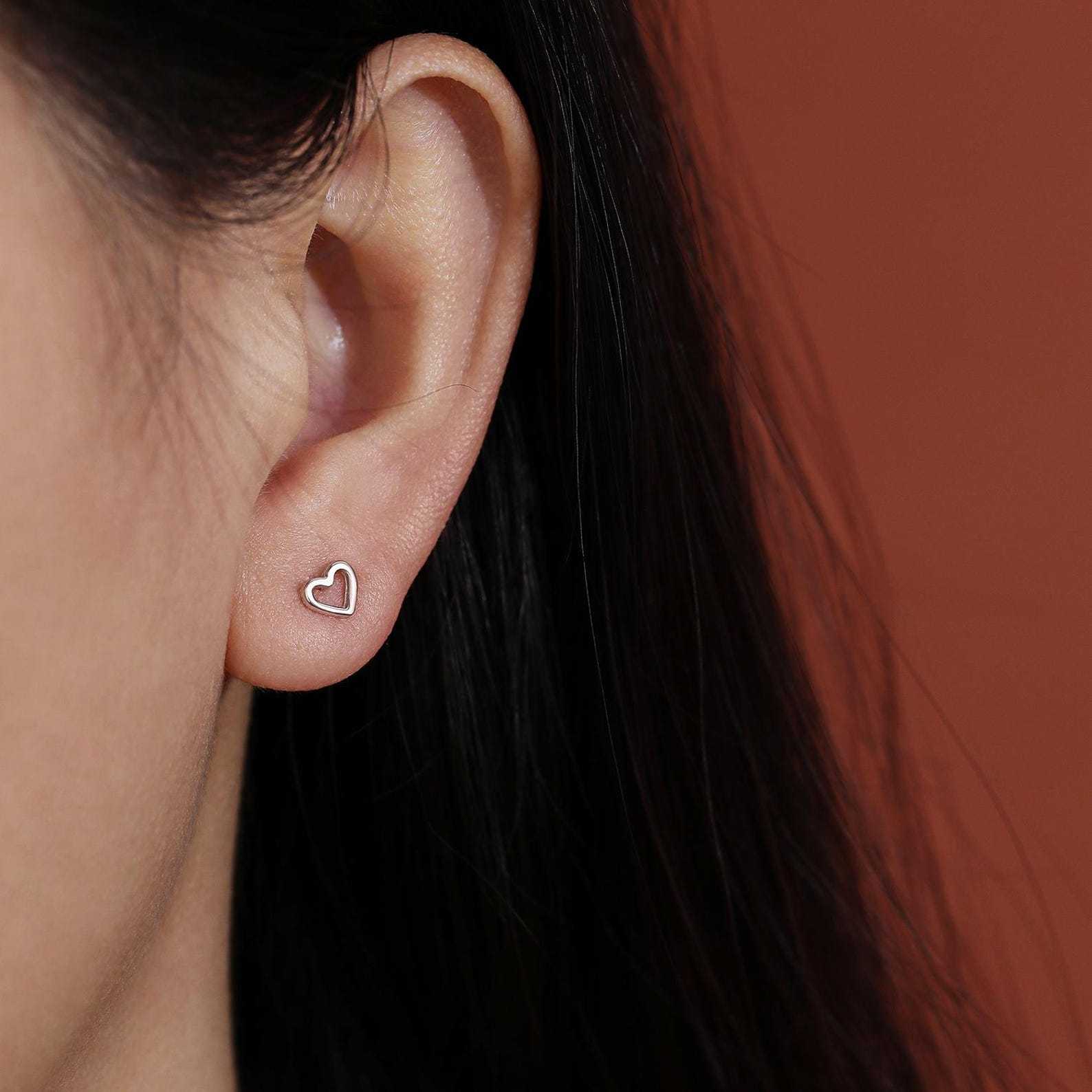 Tiny Open Heart Screw Back Earrings – Minimalist Heart Studs for Everyday