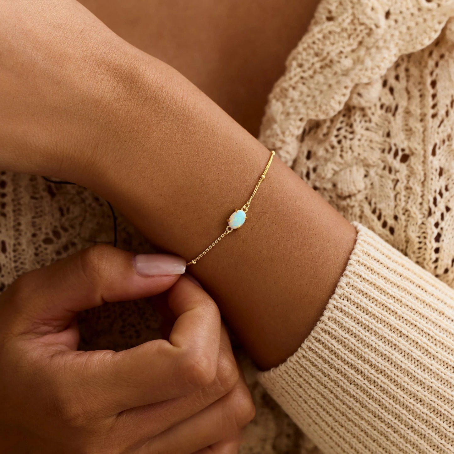 Modmints Adjustable Link Opal Pretty Bracelet - Hypoallergenic Unisex Gold Beaded Chain, Natural White Opal Stone, October Birthstone