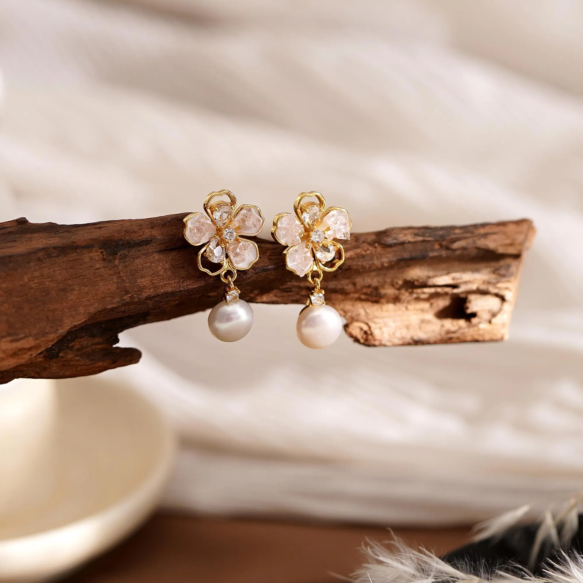 HANDMADE FLOWER FRESHWATER PEARL DROP EARRINGS – DAINTY BRIDAL & GIFT EARRINGS