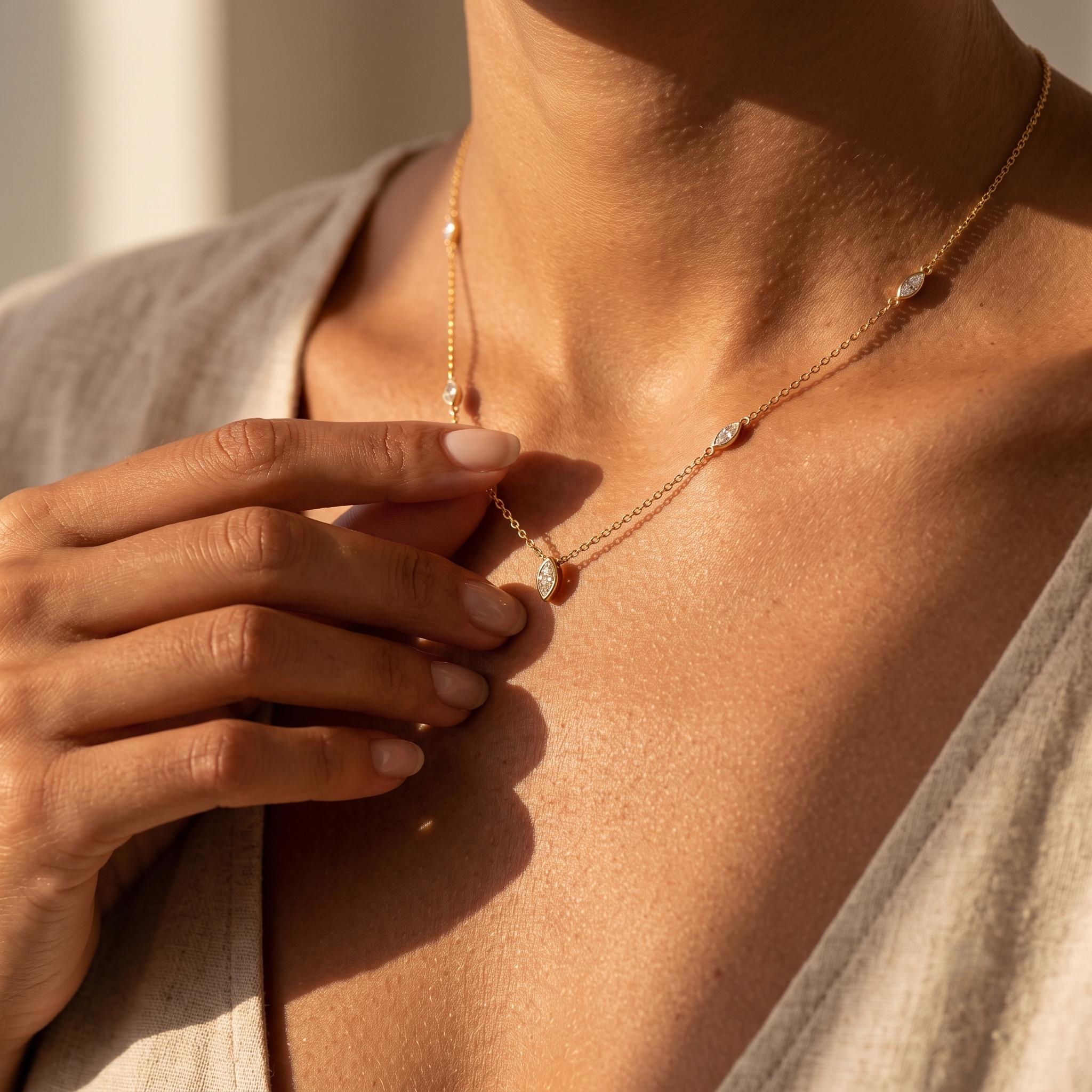 Women's 16-Inch Waterproof AAA-Grade Marquise Cut Cubic Zirconia Station Necklace - 4mm x 2mm per Stone, Metal Chain, Dainty Anti-Flip Minimalist Choker, Diamond Simulant for Birthday, Anniversary Everyday Wear