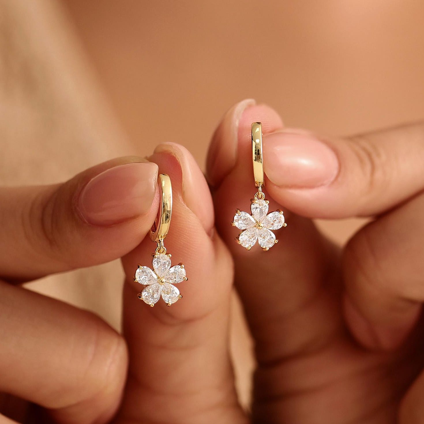 Dainty Flower Hoop Earrings, Minimalist CZ Floral Earrings, 18K Finish Huggie Earrings, Everyday Earrings for Women, Bridesmaid Gift for Her