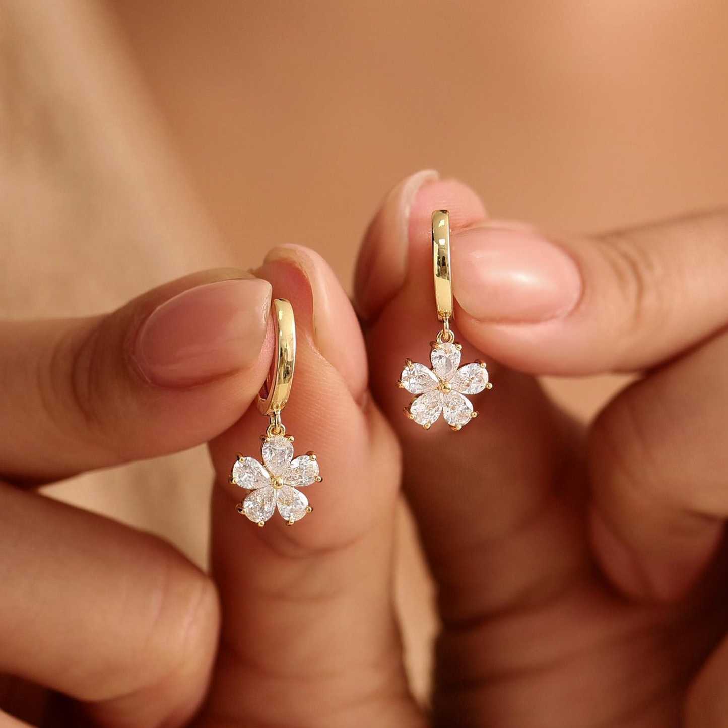 Dainty Flower Hoop Earrings, Minimalist CZ Floral Earrings, 18K Finish Huggie Earrings, Everyday Earrings for Women, Bridesmaid Gift for Her