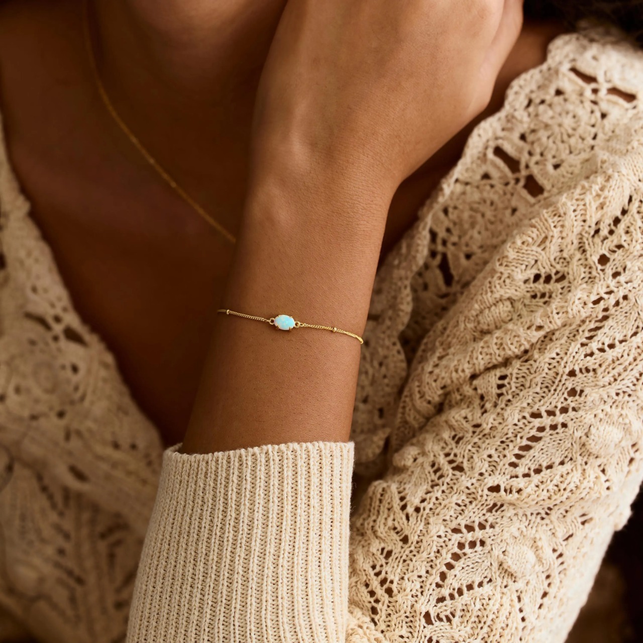 Modmints Adjustable Link Opal Pretty Bracelet - Hypoallergenic Unisex Gold Beaded Chain, Natural White Opal Stone, October Birthstone