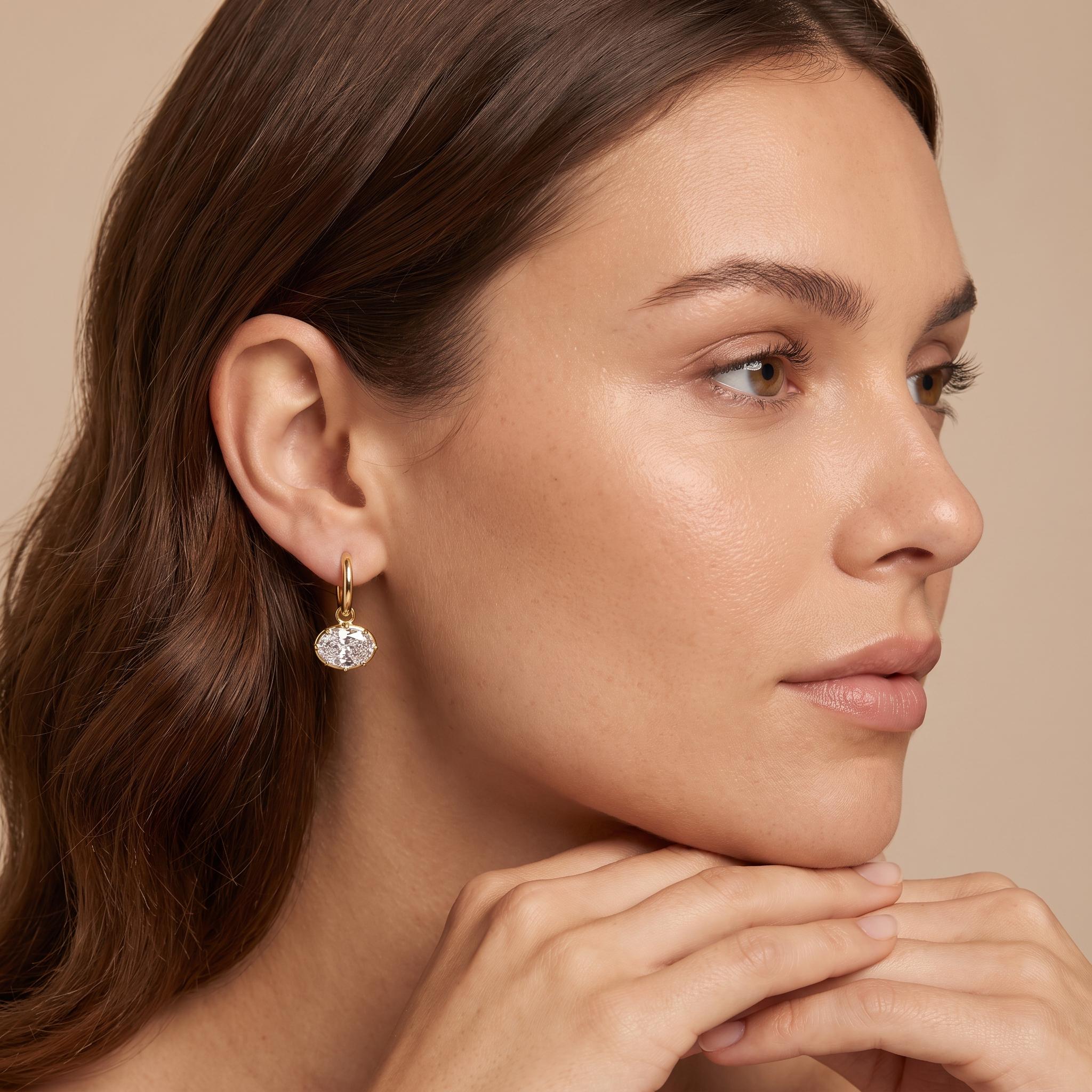 Classic 8 x 12 mm Oval Huggie Hoop Earrings, Floating CZ Earrings, Celebrity Inspired Jewelry, Gift for Girlfriend, Ideal Birthday Gift, Everyday Statement Earrings