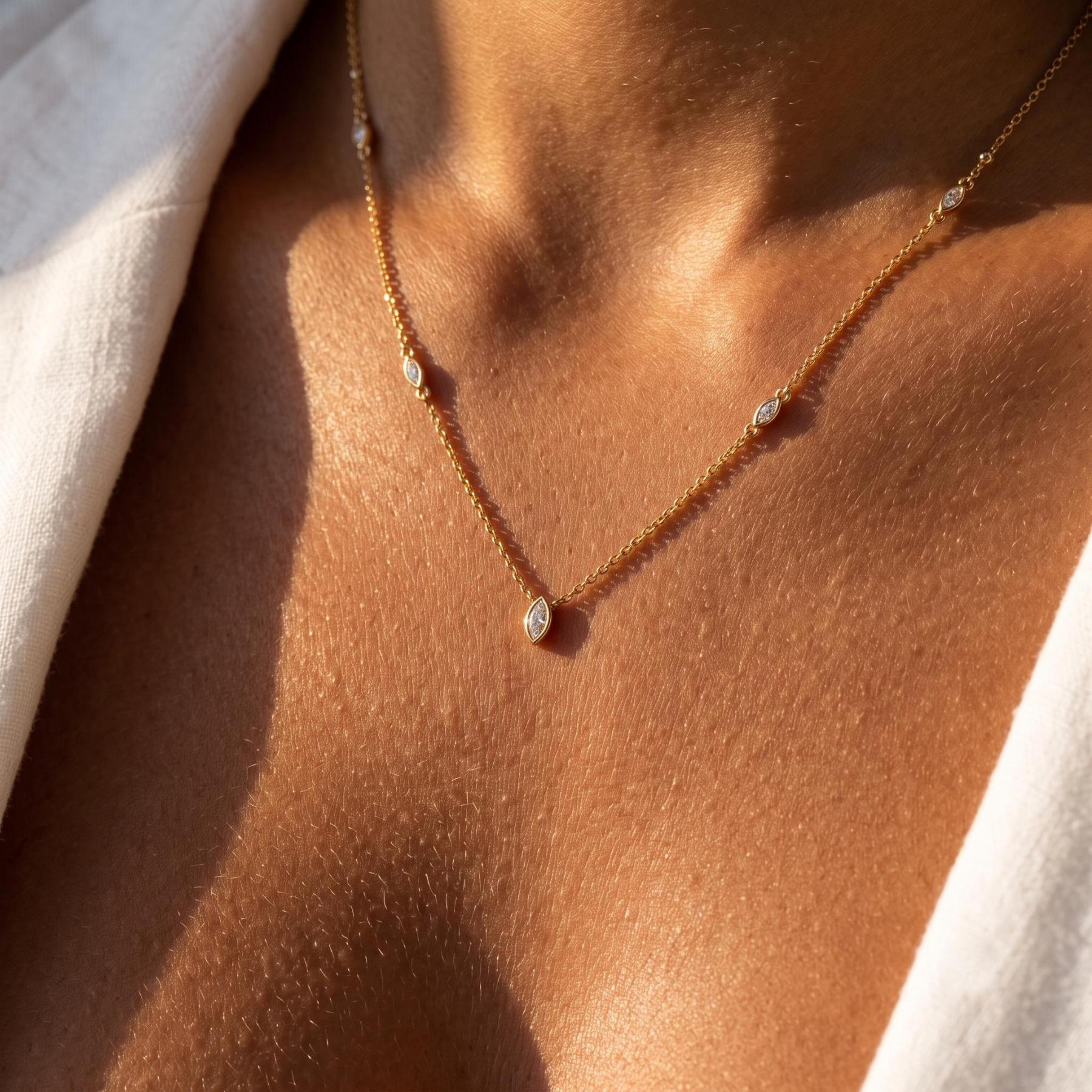 Women's 16-Inch Waterproof AAA-Grade Marquise Cut Cubic Zirconia Station Necklace - 4mm x 2mm per Stone, Metal Chain, Dainty Anti-Flip Minimalist Choker, Diamond Simulant for Birthday, Anniversary Everyday Wear