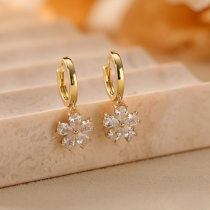 Dainty Flower Hoop Earrings, Minimalist CZ Floral Earrings, 18K Finish Huggie Earrings, Everyday Earrings for Women, Bridesmaid Gift for Her