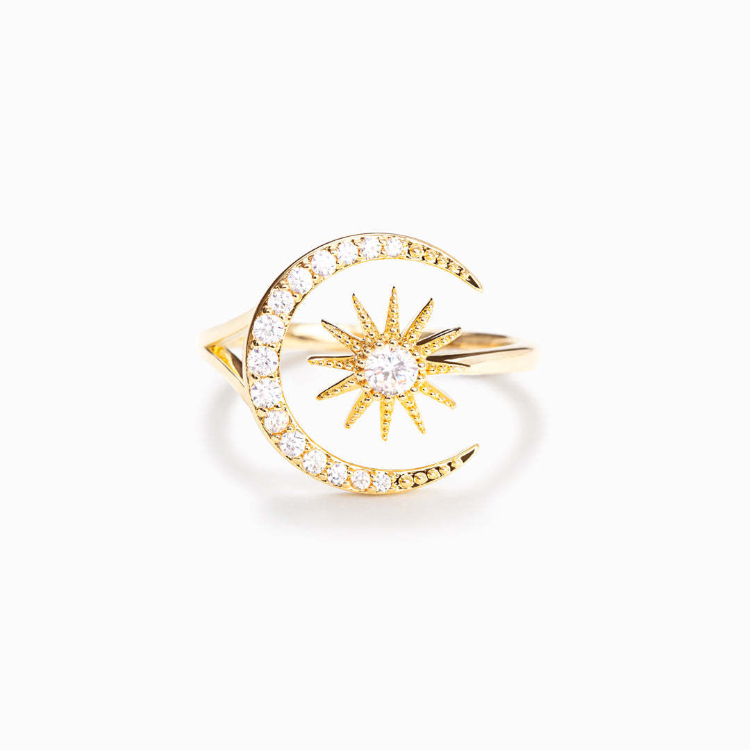 Always Under the Same Moon Crescent Moon & Star Ring-belovejewel.com
