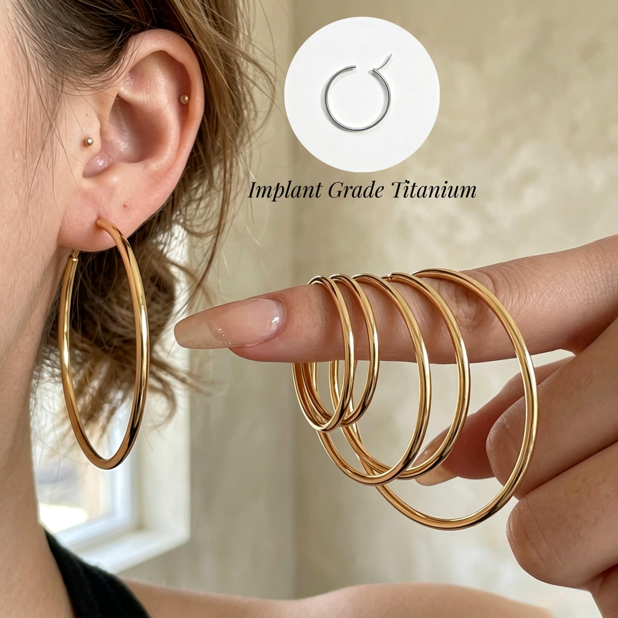 Implant Grade Ti 18G Gold Plated Seamless Hoop Earrings Dainty Thin Large Sizes Hypoallergenic Lightweight Artificial Gemstone Jewelry Accessories