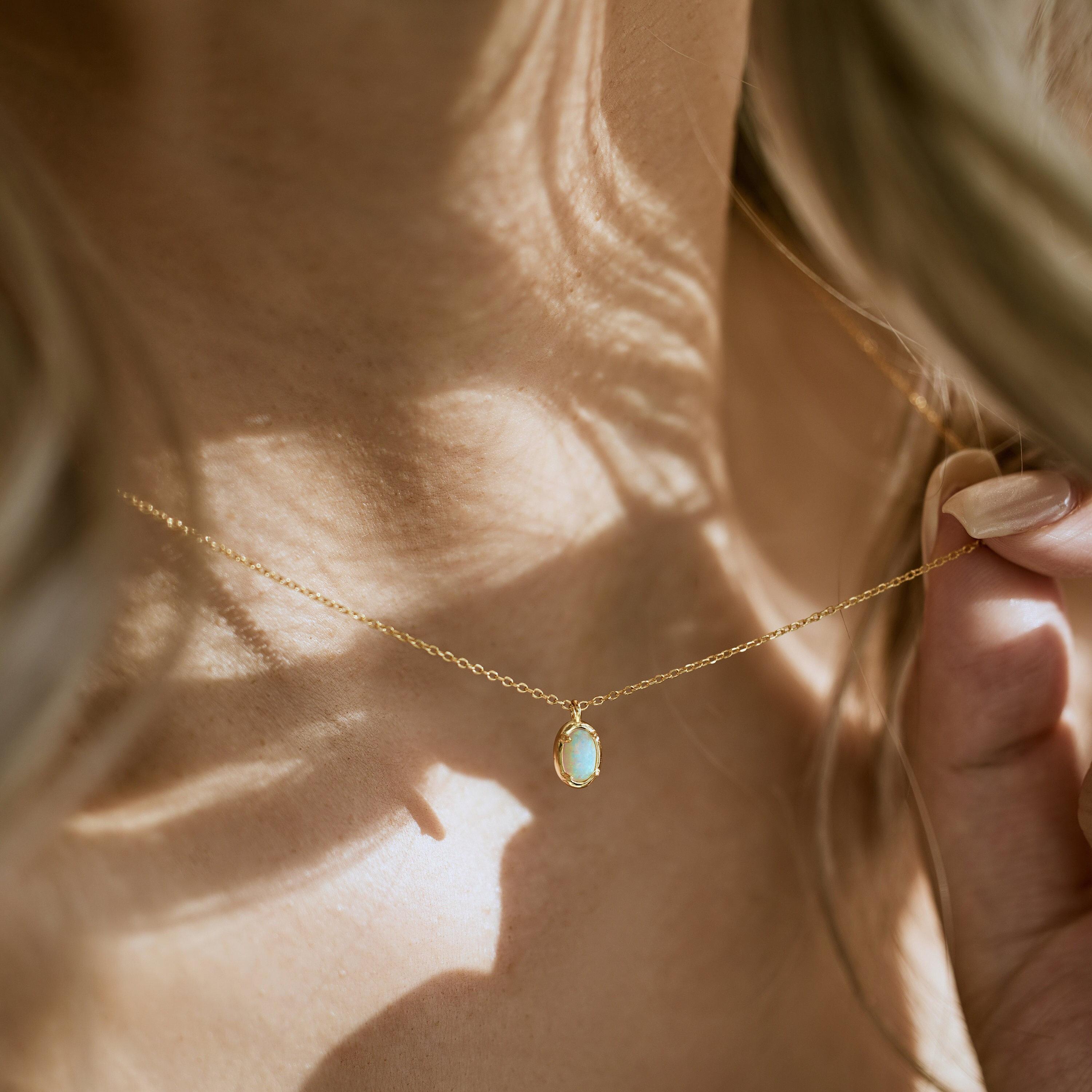 Dainty White Opal Necklace – Real Opal Oval Pendant, Elegant Gift for Her