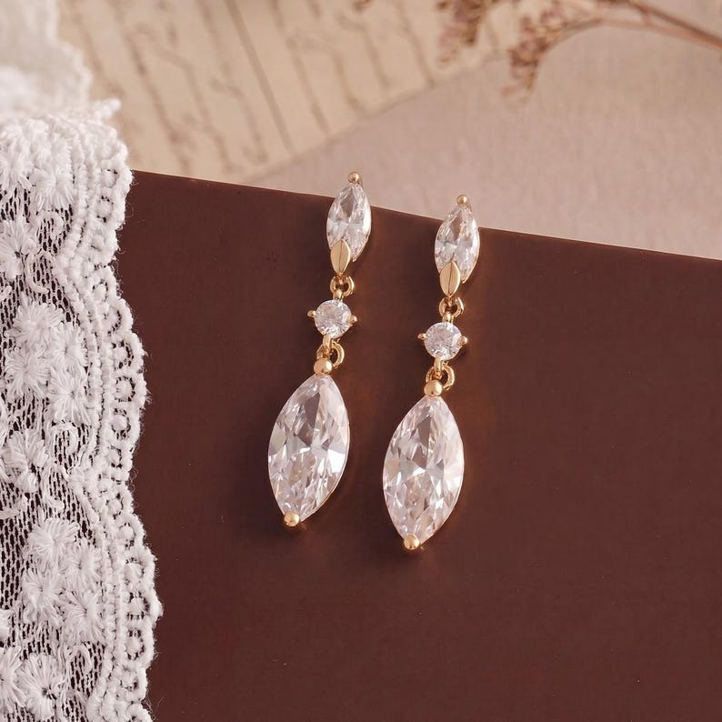 Marquise CZ Drop Earrings Dainty Dangle Minimalist Bridal Wedding Earrings Bridesmaid Mom Gift for Her
