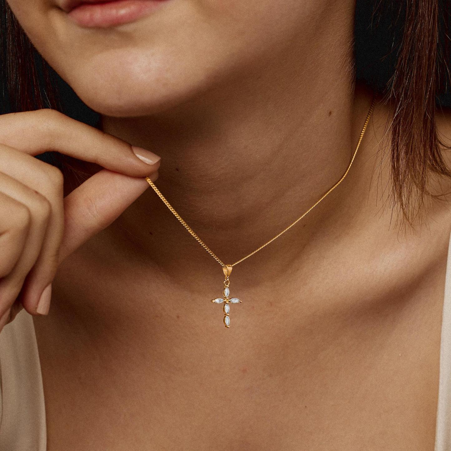 modmints 14 Karat Gold Plated Cross Necklaces for Women, Minimalist Faith Jewelry with Diamond Accent, Tarnish-Resistant for Daily Wear & Baptism Gift, Pendant Chain, Religious Necklace, Crucifix Necklace